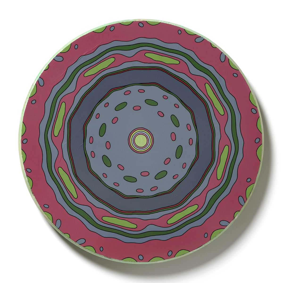 <br/>Portmanteau Bedrock, 2023<br/>18" diameter<br/>acrylic, opaque marker and glitter on wood